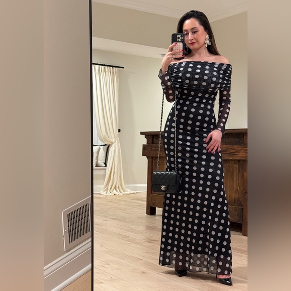 Commense Black and White Polka Dot Long Sleeve Dress - Picture 1 of 10